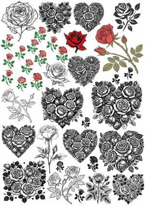 Collection of Detailed Rose Flower Vector Designs and Heart-Shaped Rose Clusters Free Vector