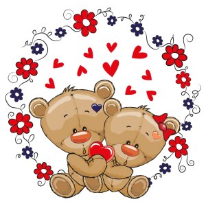 Cute Teddy Bears with Hearts and Floral Wreath Free Vector