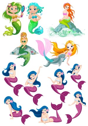 Set of Colorful Cartoon Mermaids in Various Poses Free Vector