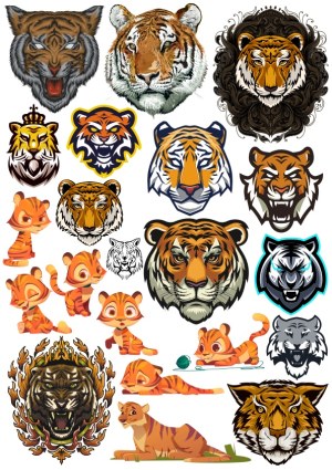 Collection of Tiger Head and Cartoon Tiger Vector Illustrations Free Vector
