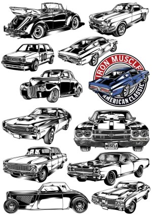 Black and White Vintage and Muscle Car Vector Illustrations Free Vector