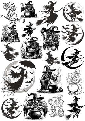 Black and White Halloween Witch Silhouettes and Illustrations Free Vector