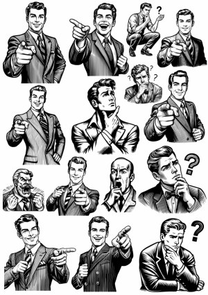 Retro Businessmen with Various Expressions and Gestures Vector Set Free Vector