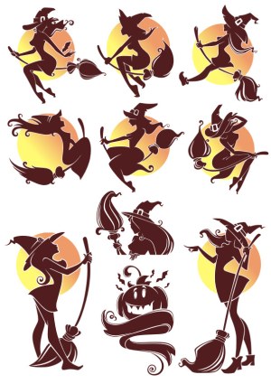 Halloween Witch Silhouettes with Broomsticks and Pumpkin Free Vector