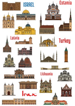 Vector Illustrations of Iconic Buildings from Israel, Estonia, Latvia, Turkey, Iran, and Lithuania Free Vector