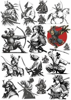 Collection of Samurai and Warrior Illustrations with Swords and Armor Free Vector