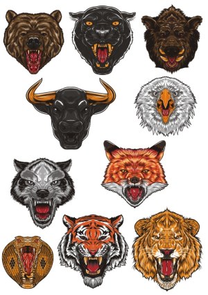 Set of Fierce Animal Head Vectors with Open Mouths Free Vector