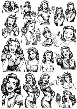 Black and White Retro Pin-Up Women Vector Set Free Vector