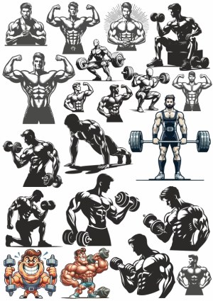 Set of Male Bodybuilder and Weightlifting Vector Illustrations Free Vector