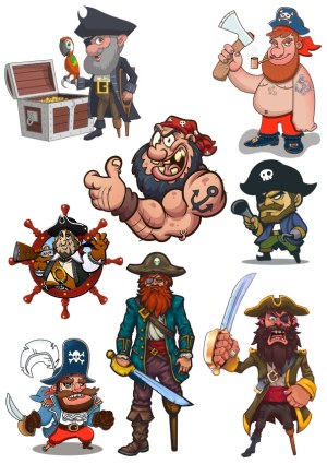Collection of Cartoon Pirate Characters with Treasure and Weapons Free Vector
