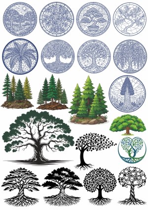 Collection of Stylized Tree Illustrations and Line Art Free Vector