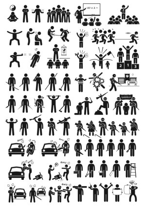 Various Stick Figure Scenes Including Education, Martial Arts, Activities, and Conflict Free Vector