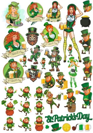 St. Patrick's Day Vector Illustrations of Leprechauns, Women, and Symbols Free Vector