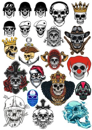 Collection of Skull Illustrations with Helmets, Hats, and Accessories Free Vector