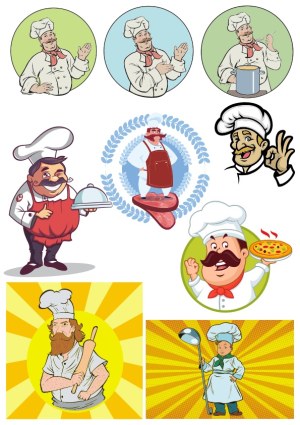 Set of Cartoon Chef Characters with Cooking and Food Icons Free Vector