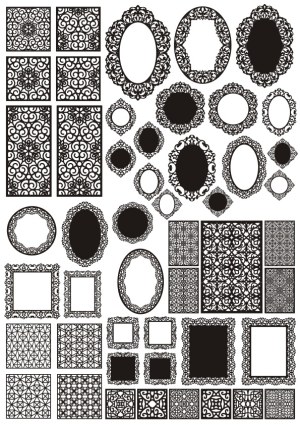 Set of Ornate Black and White Decorative Frames and Patterned Tiles Free Vector