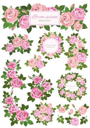 Floral Rose Bouquets and Frames with Pink and Peach Roses Free Vector