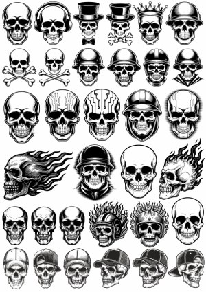 Black and White Skull Icons with Various Hats and Effects Free Vector