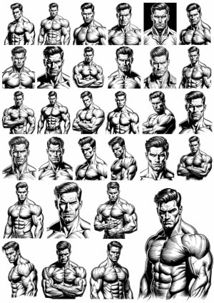 Set of Black and White Muscular Male Character Portraits and Poses Free Vector