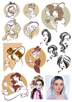 Vintage and Modern Women Portraits with Coffee Cups and Fashion Hairstyles Free Vector