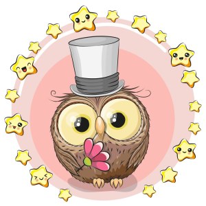 Cute Owl with White Top Hat Holding Flower Surrounded by Cartoon Stars Free Vector