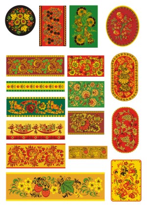 Traditional Russian Khokhloma Floral and Animal Pattern Vector Set Free Vector