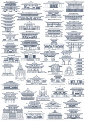 Detailed Line Art of Traditional Japanese Temples and Statues Free Vector