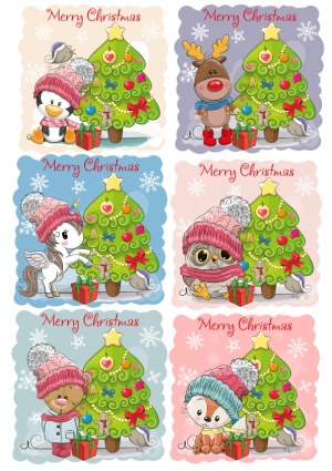 Cute Christmas Animals with Decorated Tree and Gifts Set Free Vector
