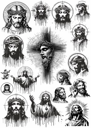 Collection of Black and White Jesus Christ Illustrations with Crown of Thorns Free Vector