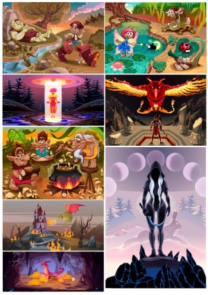 Fantasy Adventure Collection with Magical Creatures and Environments Free Vector