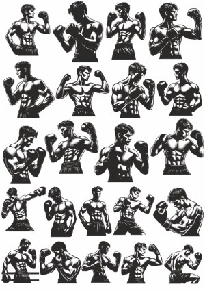 Set of Black and White Boxer Silhouettes in Various Fighting Poses Free Vector