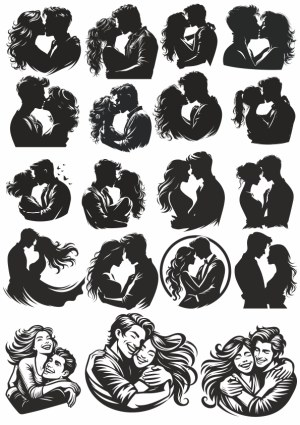Romantic Couple Silhouettes in Various Embracing Poses Free Vector
