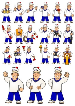 Sailor Character Collection with Various Sea-Related Poses and Accessories Free Vector