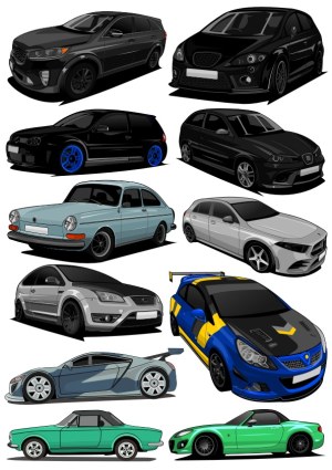 Collection of Detailed Digital Vector Car Illustrations Free Vector