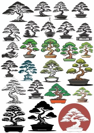 Collection of Stylized Bonsai Tree Vector Illustrations Free Vector