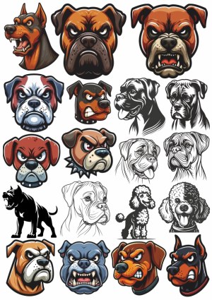 Collection of Aggressive and Stylized Dog Head Illustrations Free Vector