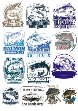 Fishing Logos and Badges for Various Fish Species and Tournaments Free Vector