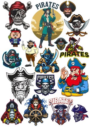 Collection of Pirate-Themed Cartoon and Skull Illustrations Free Vector