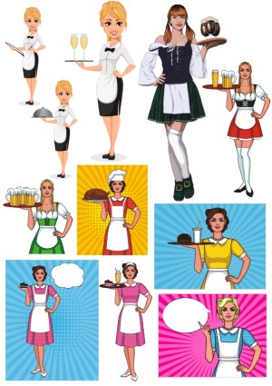 Vector Illustrations of Female Waitresses and Servers with Food and Drinks Free Vector