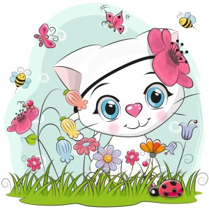 Cute White Kitten with Large Blue Eyes in Flower Garden Free Vector