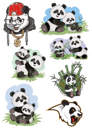 Cute Cartoon Pandas and Panda Head Illustrations Free Vector