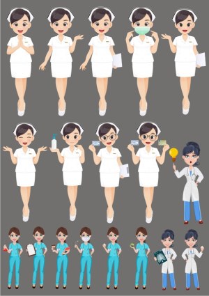 Set of Female Nurses and Doctors in Various Poses and Medical Gestures Free Vector