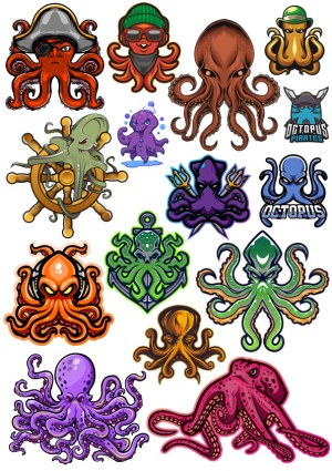 Collection of Colorful Octopus Cartoon and Pirate Mascot Vectors Free Vector