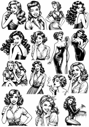 Retro Pin-Up Women Vector Collection in Black and White Free Vector