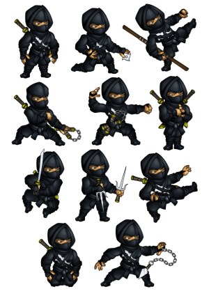 Cartoon Ninja Characters in Various Action Poses Free Vector