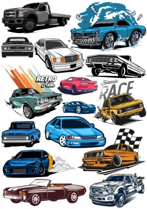 Collection of Classic and Modern Racing Cars and Trucks Vector Art Free Vector