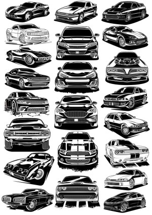 Collection of Black and White Muscle and Sports Car Vector Illustrations Free Vector