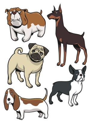 Cartoon Vector Set of Five Different Dog Breeds Free Vector