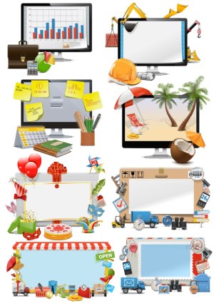 Business, Construction, Vacation, Party, Shipping, Retail, and Office Frames on Computer Screens and Blank Signs Free Vector