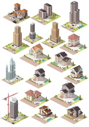 Isometric Vector Set of Residential and Commercial Buildings Free Vector